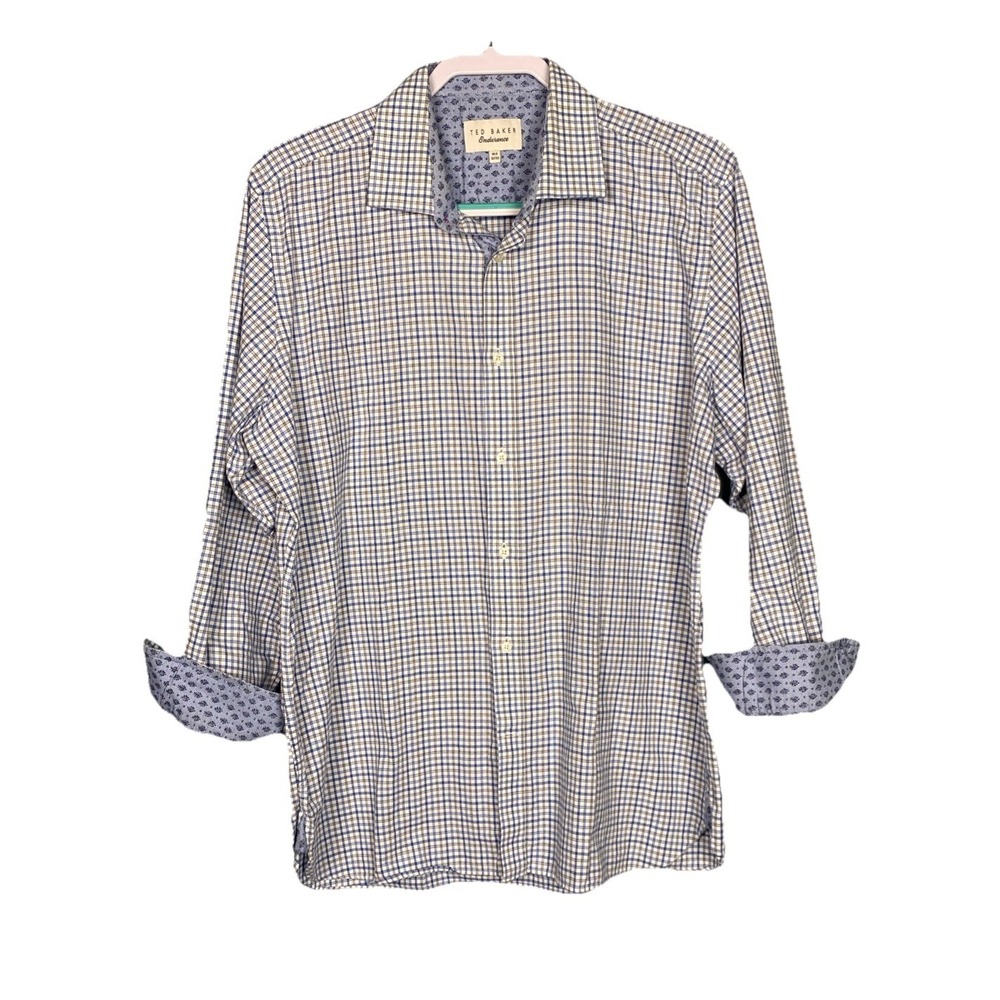 Ted Baker 16.5 32 33 Window Check Shirt Endurance Long Sleeve Flip‎ Cuff Collar